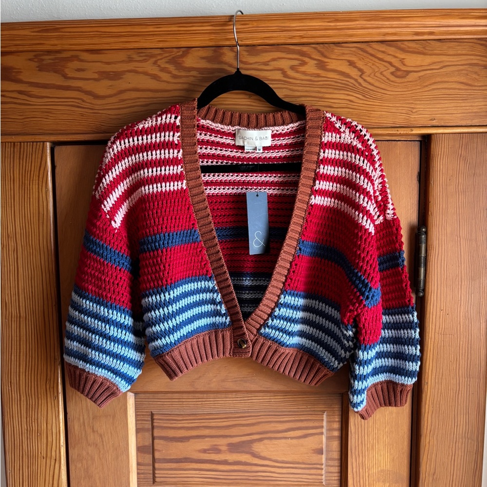 Sachin + Babi Penny Cropped Cardigan in Multi Red Stripe Size Medium NWT